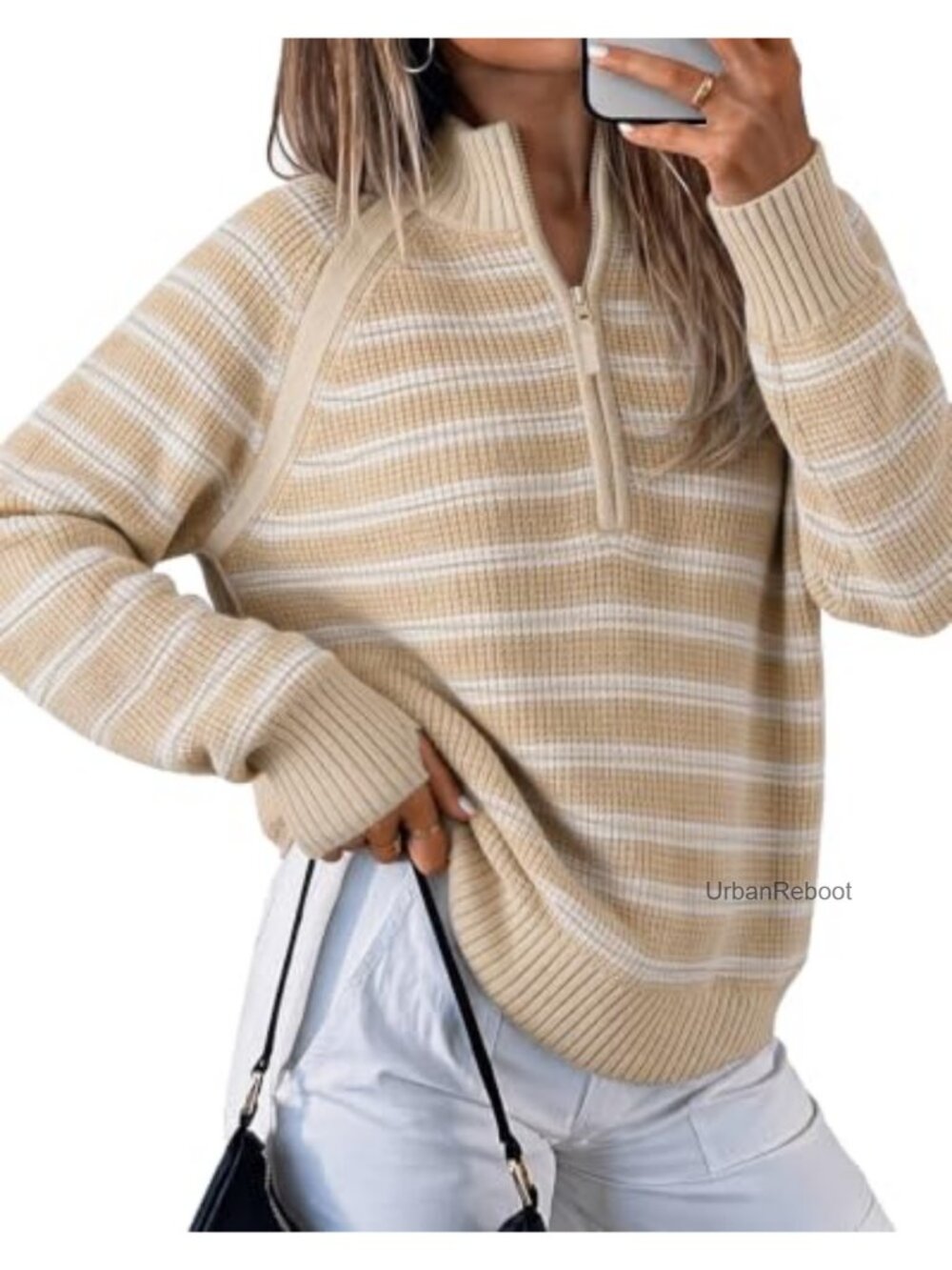Ribbed Knit Half Zip Striped Pullover Sweater Mock Neck Long Sleeve
